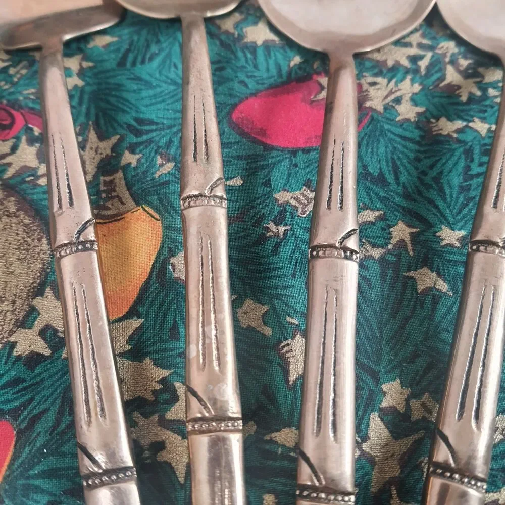 VTG 70’s Lot Of 4 Nickel Bronze Serving Spoon Carving Fork Faux Bamboo Serveware